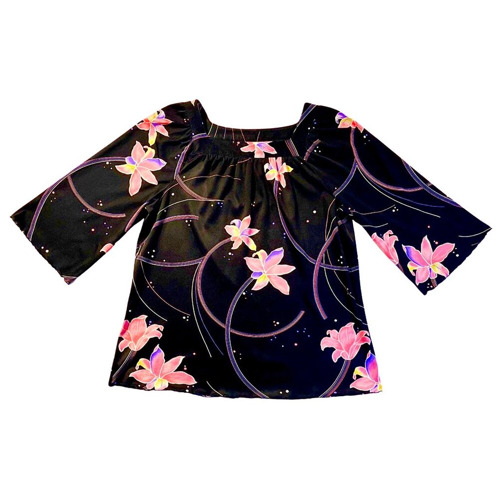 Vintage ‘trissi’ Black and Pink Orchid Polyester Bell Sleeved Shirt Size Small